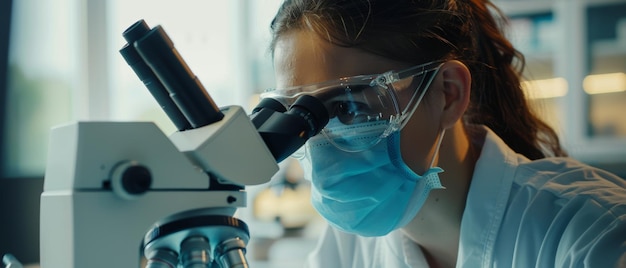 Foto una científica con una máscara facial y gafas examina una placa de petri con muestras genéticamente modificadas un microbiólogo trabaja en un laboratorio moderno lleno de equipos científicos