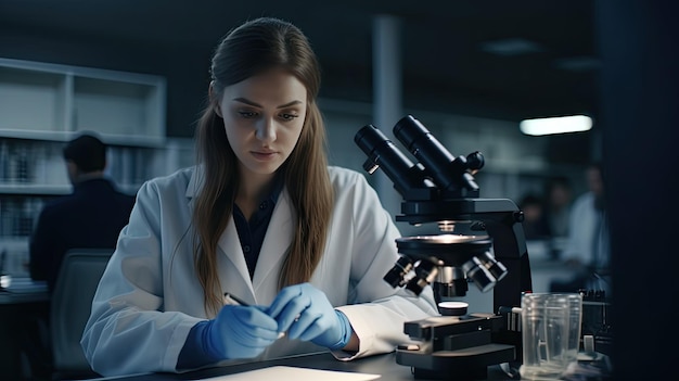 Científica mirando a través de un microscopio con una banda de goma azul alrededor del cuello