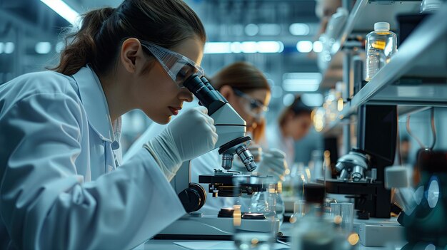 Científica mujer mirando a través del microscopio en el laboratorio Ciencia química biología medicina concepto