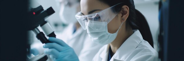 Científica mujer mirando a través del microscopio