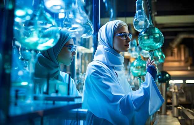 Foto científica musulmana asiática que trabaja en un laboratorio químico ella lleva hijab y gafas