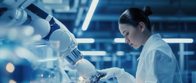 Una científica opera un brazo robótico en un laboratorio