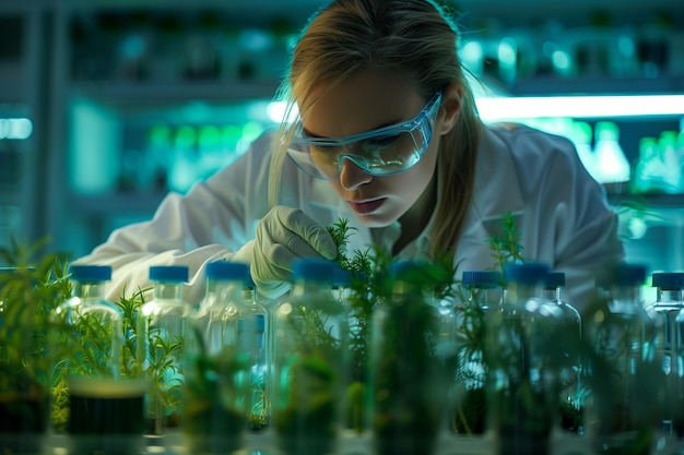 Científica que trabaja en laboratorio con muestras de plantas y tubos de ensayo