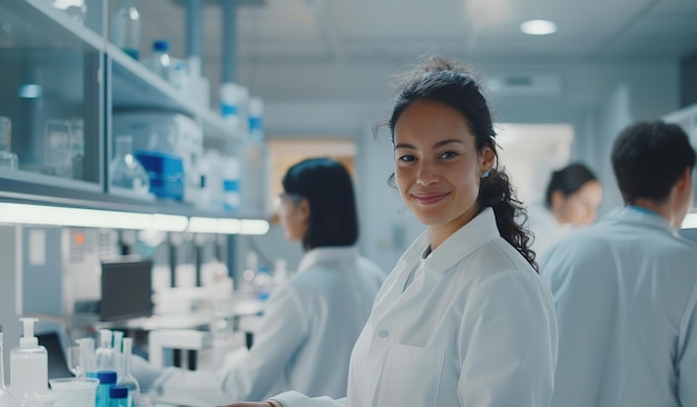 Científica sonriente en un laboratorio moderno con sus colegas