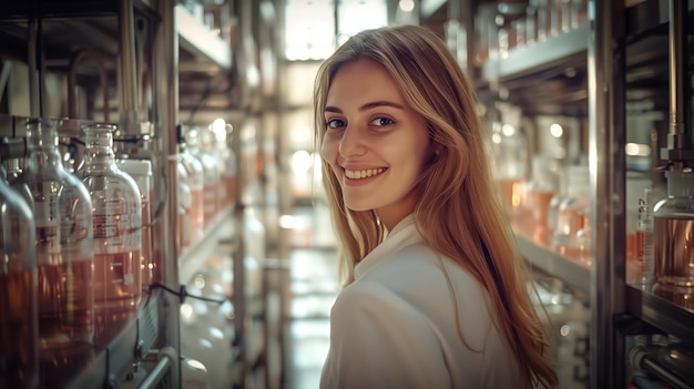 Foto científica sonriente en el laboratorio