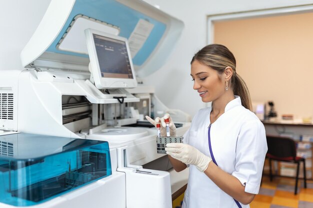 Científica trabajando en el laboratorio usando la pantalla de la computadora