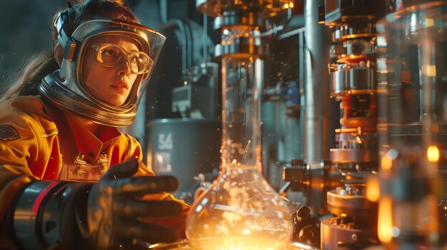 Foto una científica con un traje de protección y gafas de protección trabaja en un laboratorio con vasos y otros equipos