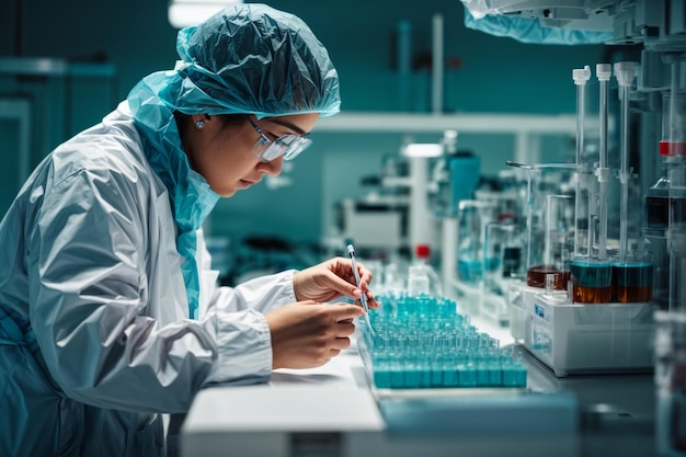 Científico adulto centrado en el experimento usando guantes y gafas protectoras de bata de laboratorio