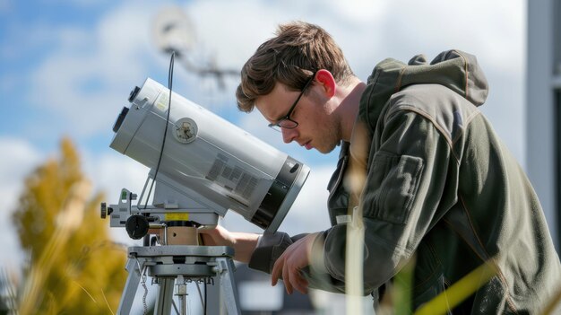 Científico ajustando el telescopio para la observación espacial en el observatorio