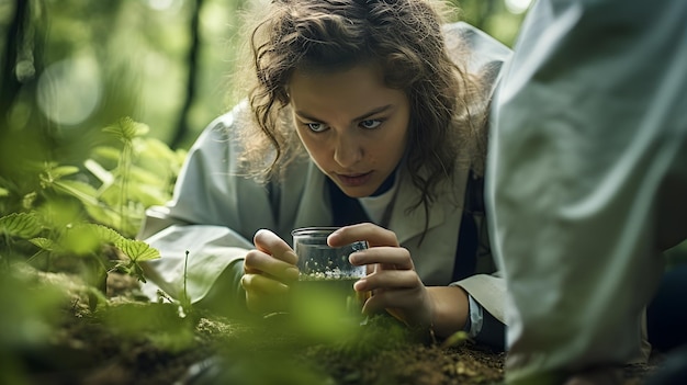 Foto científico ambiental en el campo que recoge muestras para estudiar el impacto de los contaminantes