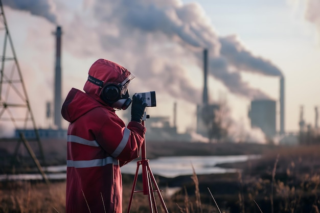 Científico ambiental que mide la calidad del aire en una zona industrial