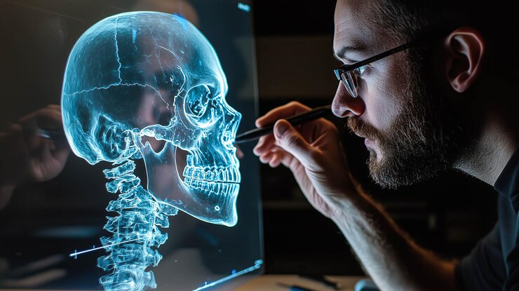Un científico analiza el holograma de un cráneo humano IA generativa