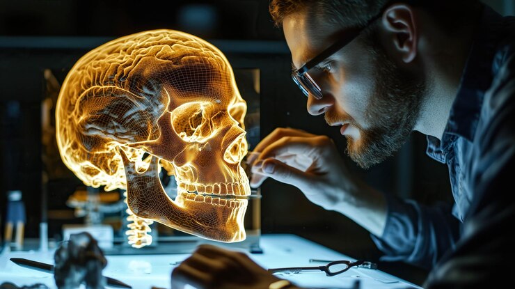 Un científico analiza el holograma de un cráneo humano IA generativa