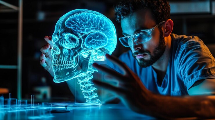 Un científico analiza el holograma de un cráneo humano IA generativa