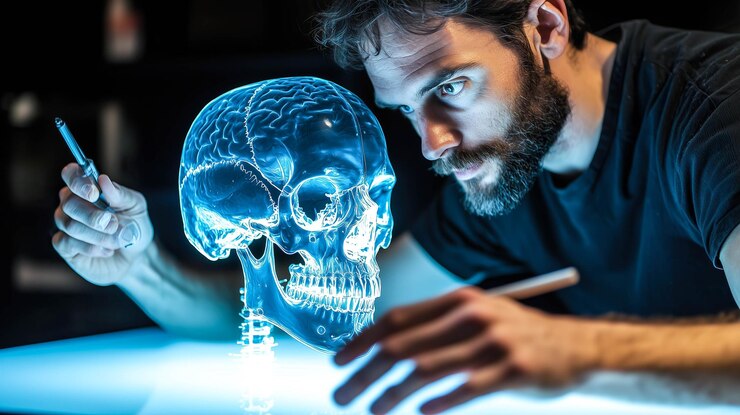 Un científico analiza el holograma de un cráneo humano IA generativa