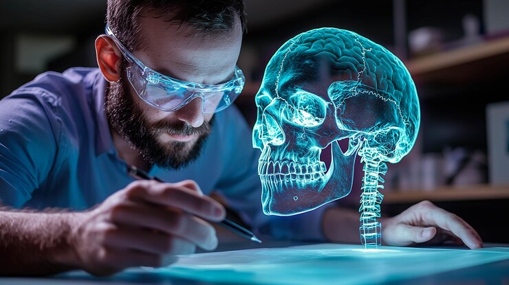 Un científico analiza el holograma de un cráneo humano IA generativa