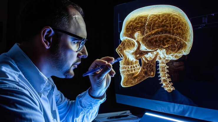Un científico analiza el holograma de un cráneo humano IA generativa