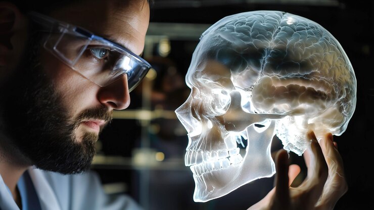 Un científico analiza el holograma de un cráneo humano IA generativa