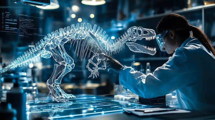Un científico analiza el holograma de un esqueleto de dinosaurio IA generativa