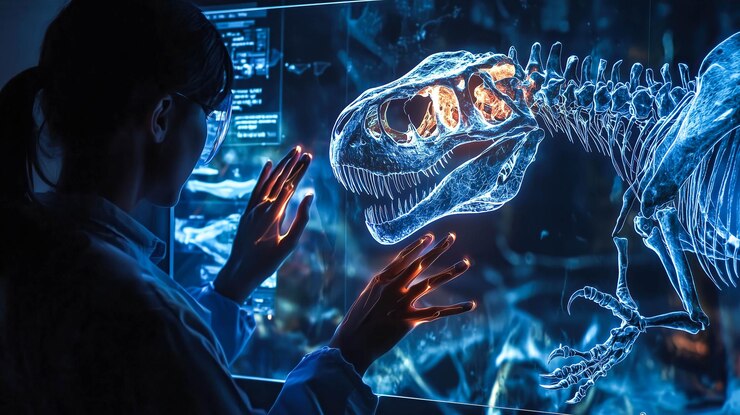 Un científico analiza el holograma de un esqueleto de dinosaurio IA generativa