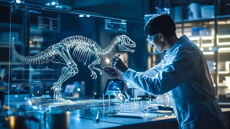Un científico analiza el holograma de un esqueleto de dinosaurio IA generativa
