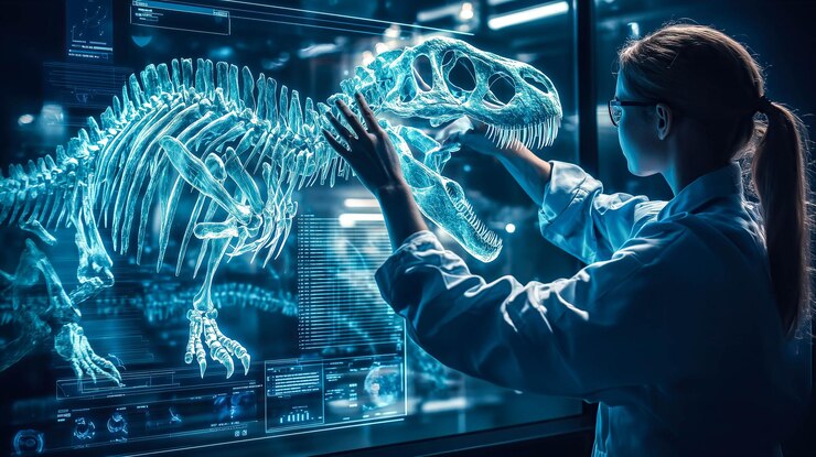 Un científico analiza el holograma de un esqueleto de dinosaurio IA generativa