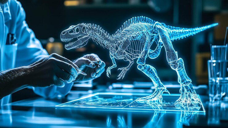 Un científico analiza el holograma de un esqueleto de dinosaurio IA generativa