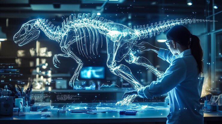 Un científico analiza el holograma de un esqueleto de dinosaurio IA generativa