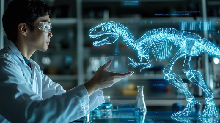 Un científico analiza el holograma de un esqueleto de dinosaurio IA generativa