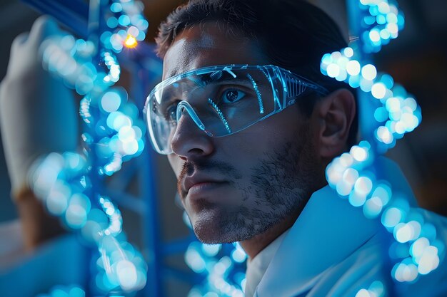Científico analizando la estructura del ADN con luces LED azules