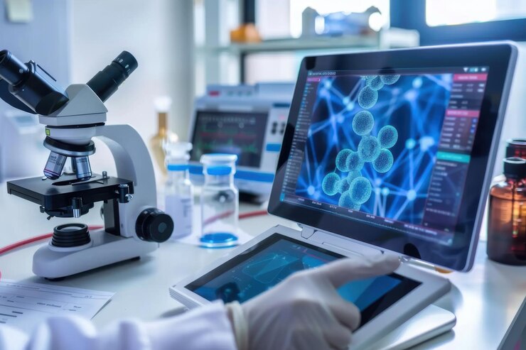 Científico analizando estructuras moleculares detalladas en una tableta digital en un entorno de laboratorio moderno
