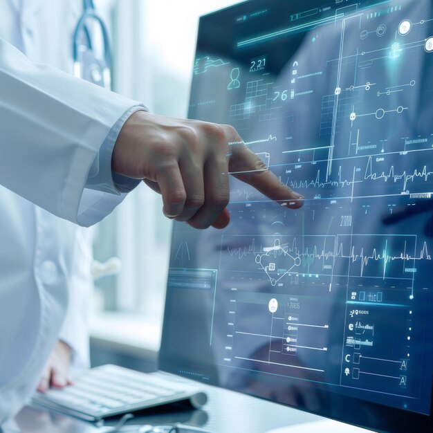 Científico analizando la hélice de ADN en una tableta futurista