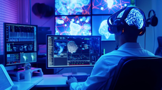 Científico analizando imágenes cerebrales avanzadas y datos en un laboratorio de alta tecnología