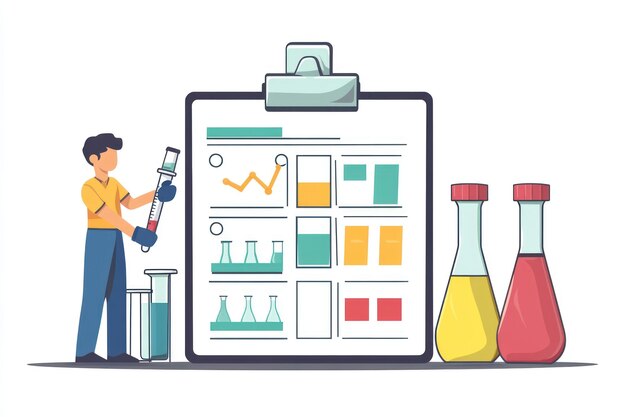 Científico analizando los resultados de laboratorio tablón de recortes tablas de fondo del equipo de laboratorio