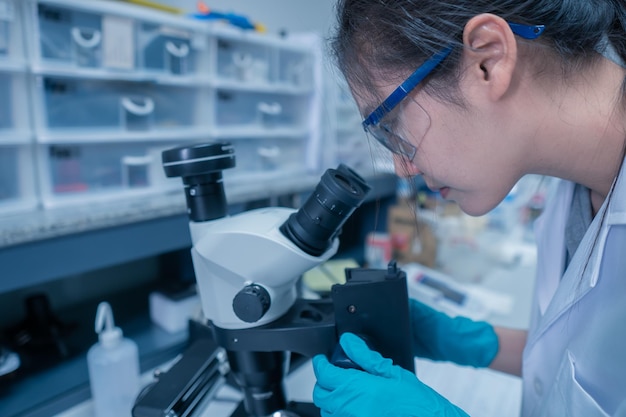 Científico asiático que trabaja en el laboratorio, los investigadores están investigando para encontrar los resultados del experimento, hacer