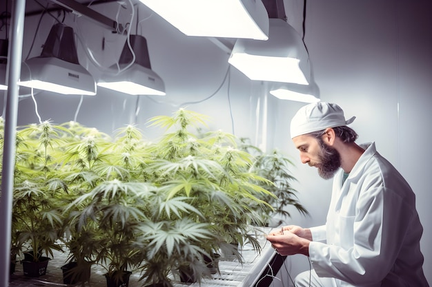 Foto científico en bata blanca y gorra examinando planta de cannabis en laboratorio