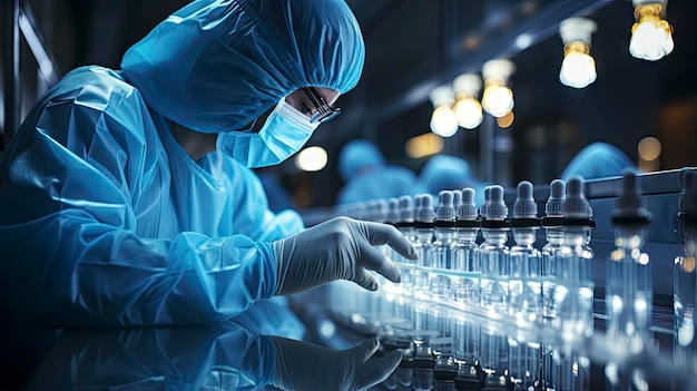 un científico con bata de laboratorio está trabajando en un laboratorio con una botella de vidrio transparente.