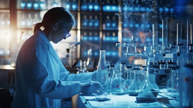 Foto científico con bata de laboratorio y gafas trabajando con microscopio de laboratorio