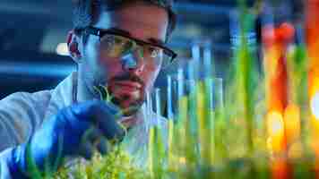 Foto científico con bata de laboratorio observa algas verdes modificadas genéticamente en un tubo de ensayo investigación científica conceptual modificación genética experimento de laboratorio de algas verdes