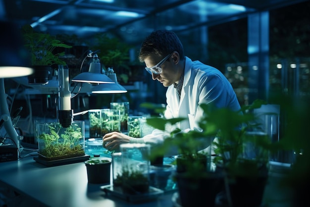 Foto científico de biotecnología trabajando en el laboratorio