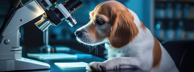 Foto científico canino serio en un laboratorio con un microscopio