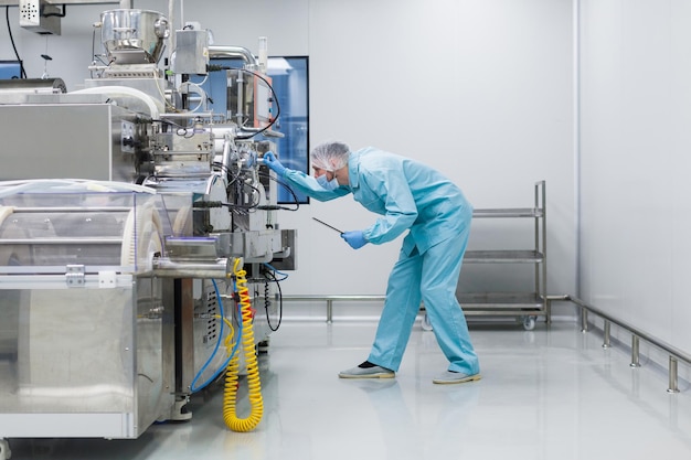 Científico caucásico doblado en uniforme de laboratorio azul configurar máquina de fabricación con ejes y panel de control