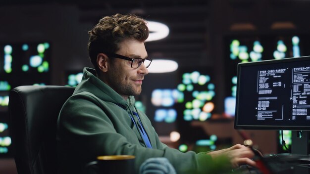Científico de computación riendo trabajando hasta tarde en el centro de datos primer plano hombre escribiendo en el teclado
