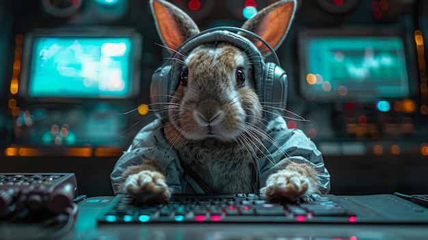 Un científico conejo analizando datos en un ordenador auriculares retransmitiendo los últimos podcasts científicos