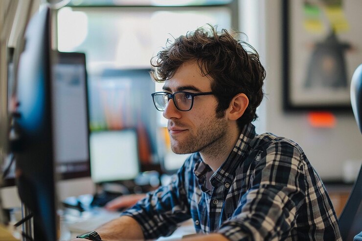 Foto científico de datos que trabaja con tecnología moderna