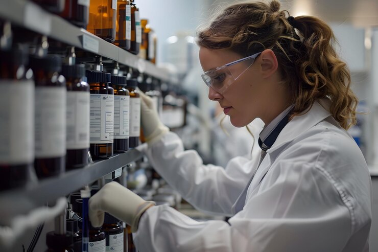 Un científico dedicado que organiza los reactivos químicos en un laboratorio