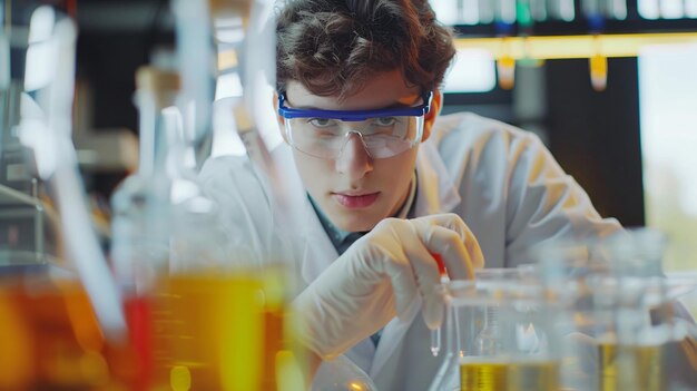 un científico está trabajando en un laboratorio con muchas botellas