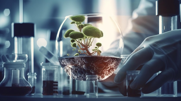 Un científico está trabajando en un laboratorio con una planta en el medio.