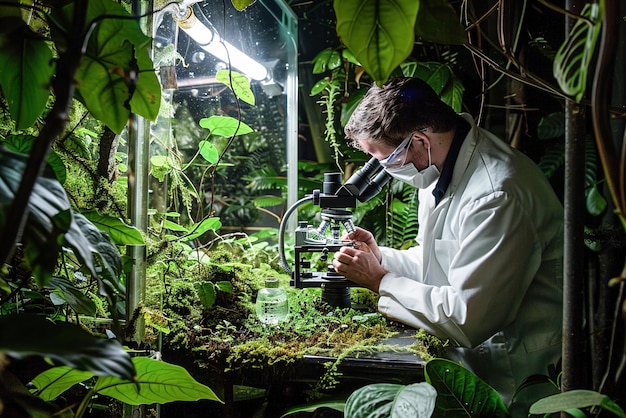 Un científico estudiando microorganismos bajo un microscopio en un laboratorio de la selva tropical