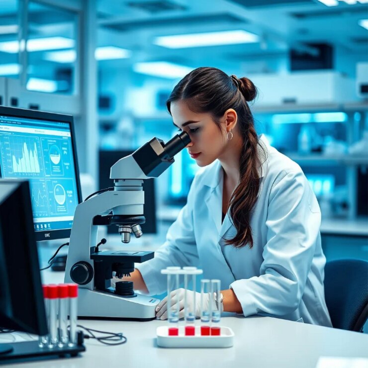 Un científico examina muestras bajo un microscopio en un laboratorio moderno lleno de tecnología avanzada